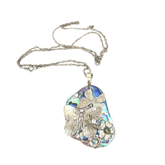 Handcrafted Abalone & Silver Butterfly Pendant Necklace With 925 Chain From Ital - Picture 5 of 7